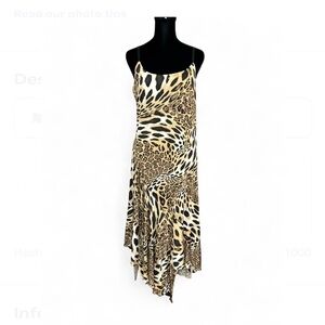 NEWPORT NEWS Y2Asymmetrical Animal Print Dress W/Spaghetti Straps & Flared Hem